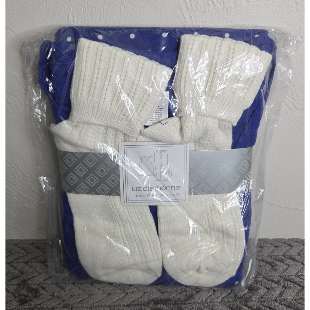 NEW*Liz Claiborne Blue w/White Polka Dot 3 Piece Sleep Set Pants Top Socks PJ'S